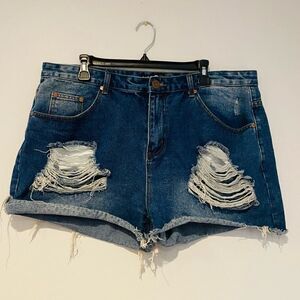 Boohoo Blue Distressed High Waist Denim Shorts Size 16